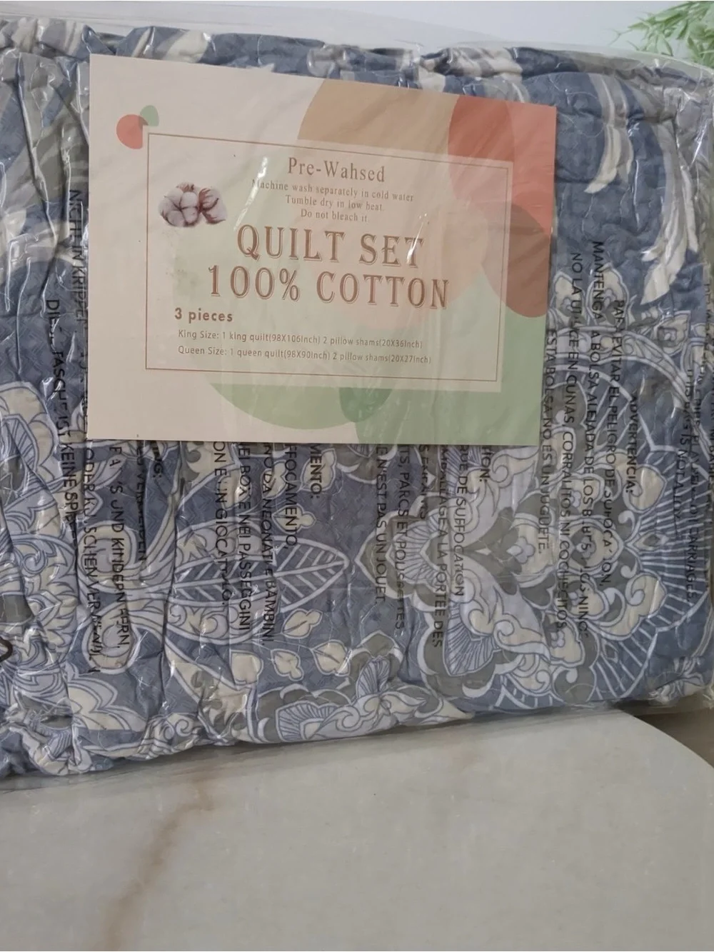 100% Cotton Blue Floral King Quilt Set Luxury Damask 106x98 3 Pcs Reversible
